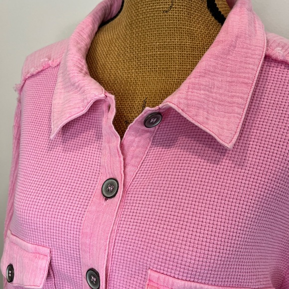 POL Oversized Button Down Waffle Knit Combo Top Pink Size Small - Picture 2 of 13